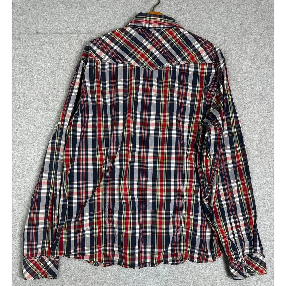 True Religion Western Shirt Mens XXXL Blue Red Plaid Pearl Snap Stitch